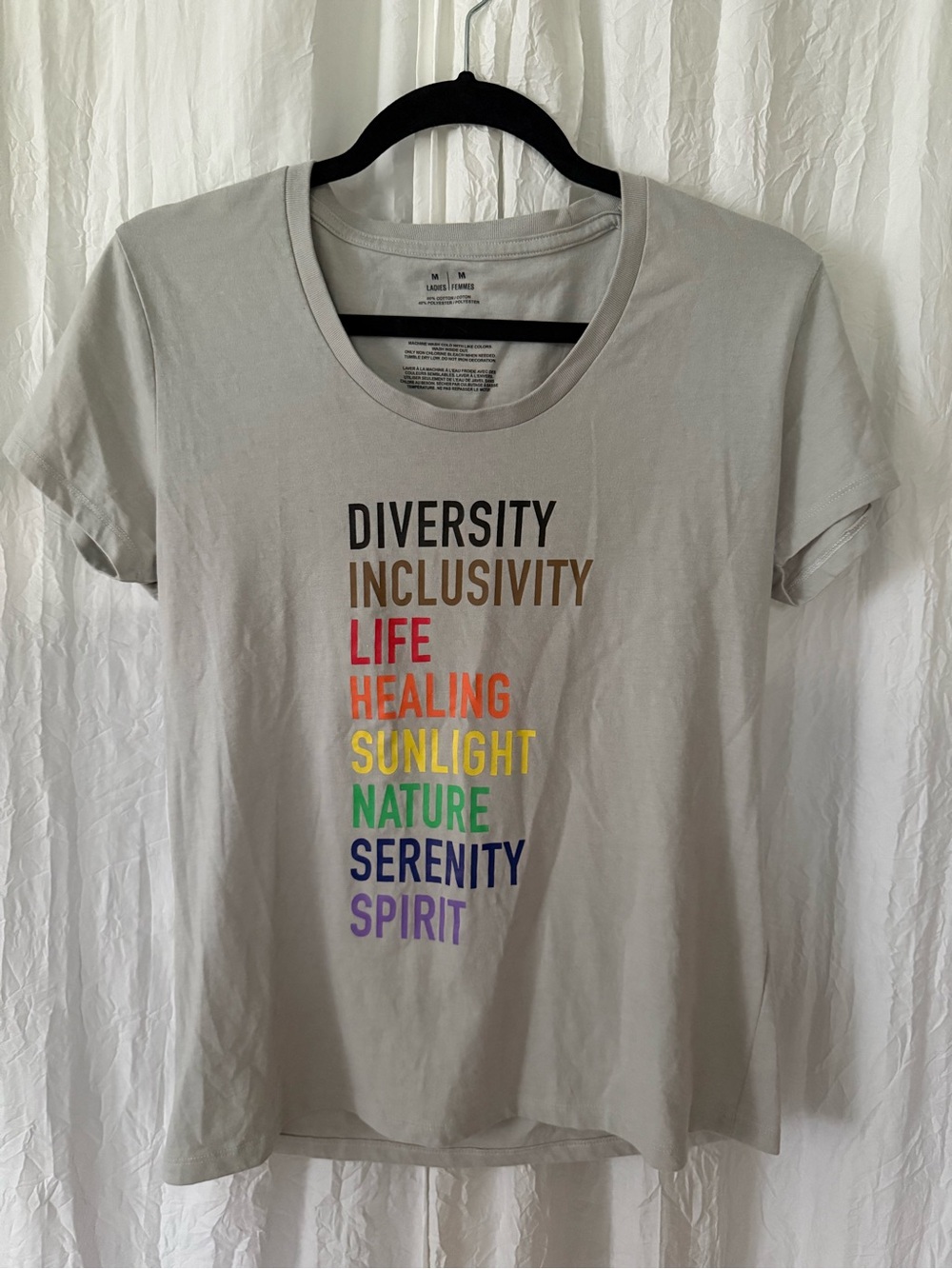Women’s Graphic Crewneck Tee with Rainbow Text, grey, medium